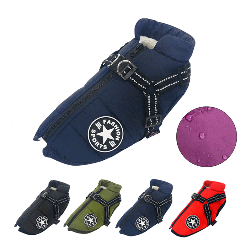 Dog Coat, waterproof, with harness, various volors and sizes